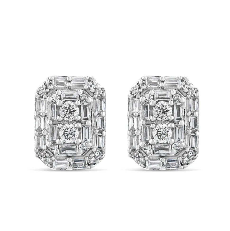9ct White Gold 0.30ct Octagonal Baguette & Round Cluster Stud Earrings