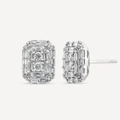9ct White Gold 0.30ct Octagonal Baguette & Round Cluster Stud Earrings