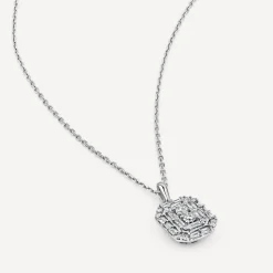 9ct White Gold 0.20ct Octagonal Baguette & Round Cluster Diamond Pendant