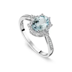 9ct White Gold 0.19ct Oval Aquamarine & Diamond Star Halo Ring
