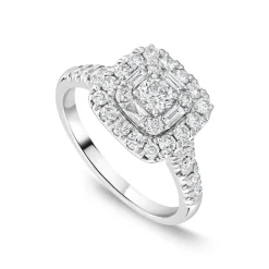 18ct White Gold 1ct Round & Baguette Diamond Square Cluster & Shoulders Ring