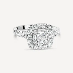 18ct White Gold 1ct Round & Baguette Diamond Square Cluster & Shoulders Ring