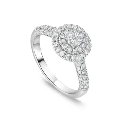 18ct White Gold 0.75ct Round Brilliant Double Halo Cluster & Shoulders Diamond Ring