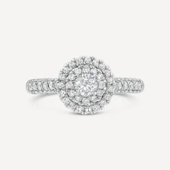 18ct White Gold 0.75ct Round Brilliant Double Halo Cluster & Shoulders Diamond Ring
