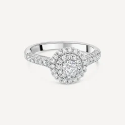 18ct White Gold 0.75ct Round Brilliant Double Halo Cluster & Shoulders Diamond Ring