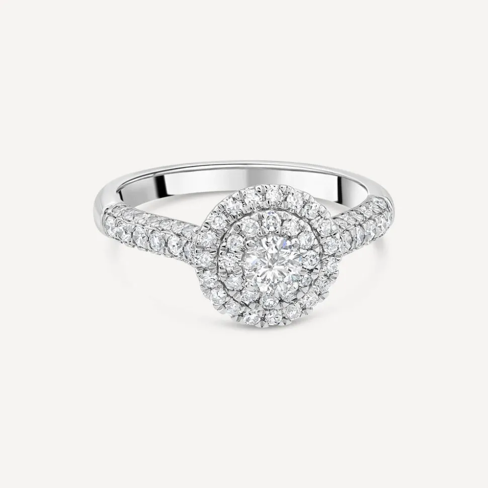 18ct White Gold 0.75ct Round Brilliant Double Halo Cluster & Shoulders Diamond Ring