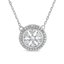 9ct White Gold 0.19ct Round Diamond Halo Flower Disc Necklet