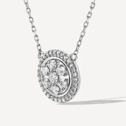 9ct White Gold 0.19ct Round Diamond Halo Flower Disc Necklet