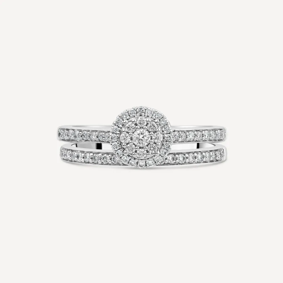 9ct White Gold 0.46ct Round Halo Cluster Diamond Bridal Set