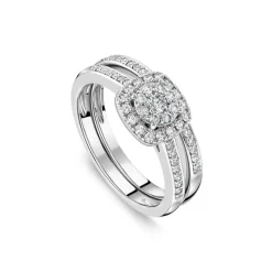 9ct White Gold 0.45ct Square Cluster Halo & Diamond Shoulders Bridal Set