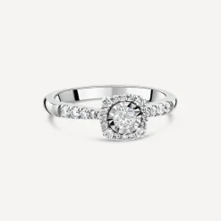 9ct White Gold 0.39ct Square Illusion Diamond Halo Shoulders Ring