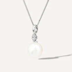 9ct White Gold 0.04ct Top Diamond & Freshwater Pearl Pendant