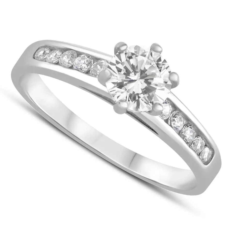 9ct White Gold Cubic Zirconia Solitaire with Cubic Zirconia Channel Shoulders Ring