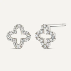 9ct White Gold Cubic Zirconia Set Open Clover Petal Stud Earrings
