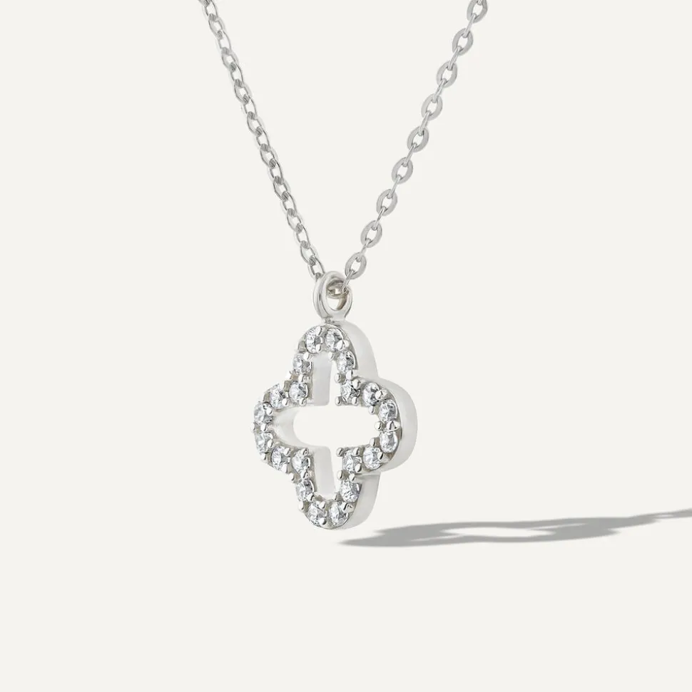 9ct White Gold Cubic Zirconia Set Open Clover Petal Pendant