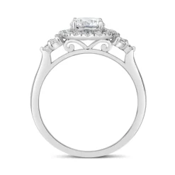 9ct White Gold Cubic Zirconia Halo Trefoil Shoulders Dress Ring