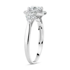 9ct White Gold Cubic Zirconia Halo Trefoil Shoulders Dress Ring