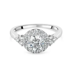 9ct White Gold Cubic Zirconia Halo Trefoil Shoulders Dress Ring