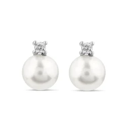 9ct White Gold Cultured Pearl & 0.07ct Diamond Top Set Stud Earrings