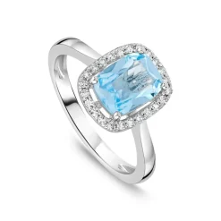 9ct White Gold Cushion Blue Topaz Centre 0.14ct Diamond Frame Polished Band Ring