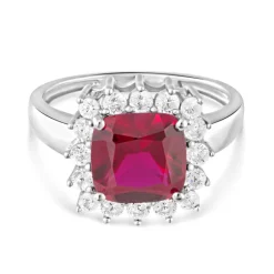 9ct White Gold Cushion Created Ruby And Cubic Zirconia Ring