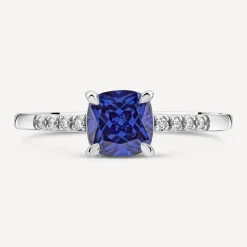 9ct White Gold Cushion Cut Tanzanite Centre & Diamond Set Shoulders Ring