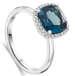 9ct White Gold Cushion London Blue Topaz Diamond Halo Ring
