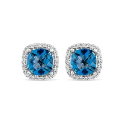 9ct White Gold Cushion London Blue Topaz & 0.15ct Diamond Stud Earrings