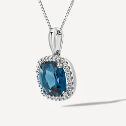 9ct White Gold Cushion London Blue Topaz & 0.10ct Diamond Pendant