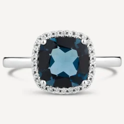9ct White Gold Cushion London Blue Topaz Diamond Halo Ring