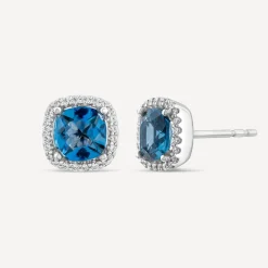 9ct White Gold Cushion London Blue Topaz & 0.15ct Diamond Stud Earrings