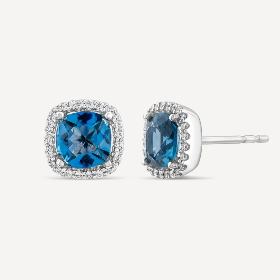 9ct White Gold Cushion London Blue Topaz & 0.15ct Diamond Stud Earrings