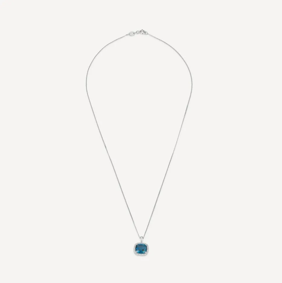 9ct White Gold Cushion London Blue Topaz & 0.10ct Diamond Pendant