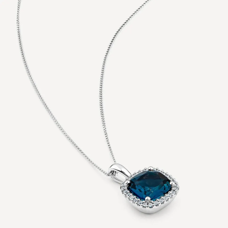 9ct White Gold Cushion London Blue Topaz & 0.10ct Diamond Pendant
