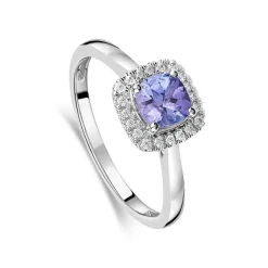 9ct White Gold Cushion Tanzanite & 0.10ct Diamond Halo Ring