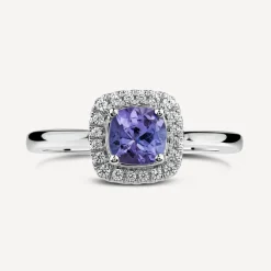 9ct White Gold Cushion Tanzanite & 0.10ct Diamond Halo Ring