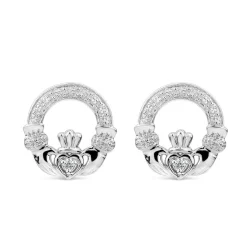 14ct White Gold Diamond Claddagh Stud Earrings