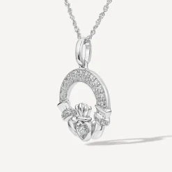 14ct White Gold Diamond Claddagh Pendant