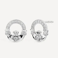 14ct White Gold Diamond Claddagh Stud Earrings