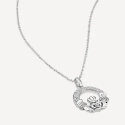 14ct White Gold Diamond Claddagh Pendant