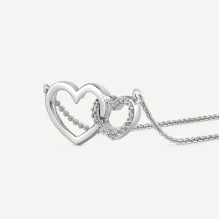 9ct White Gold Double Heart Diamond Set Necklet