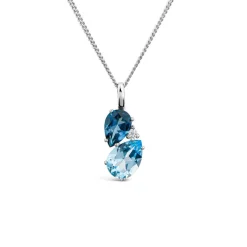9ct White Gold Double Pear Blue Topaz & 0.01ct Diamond Set Pendant