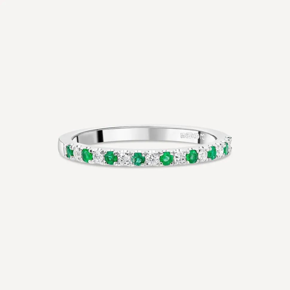 9ct White Gold Emerald & 0.09ct Diamond Claw Set Eternity Ring