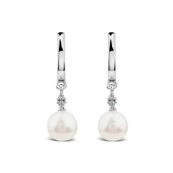 9ct White Gold Freshwater Round Pearl & 0.04ct Diamond Top Drop Earrings