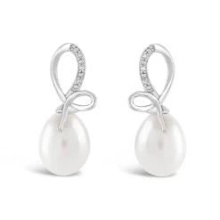 9ct White Gold Freshwater Pearl and 0.01ct Diamond Bow Top Earrings