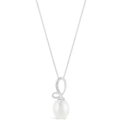 9ct White Gold Freshwater Pearl and 0.01ct Diamond Bow Top Pendant