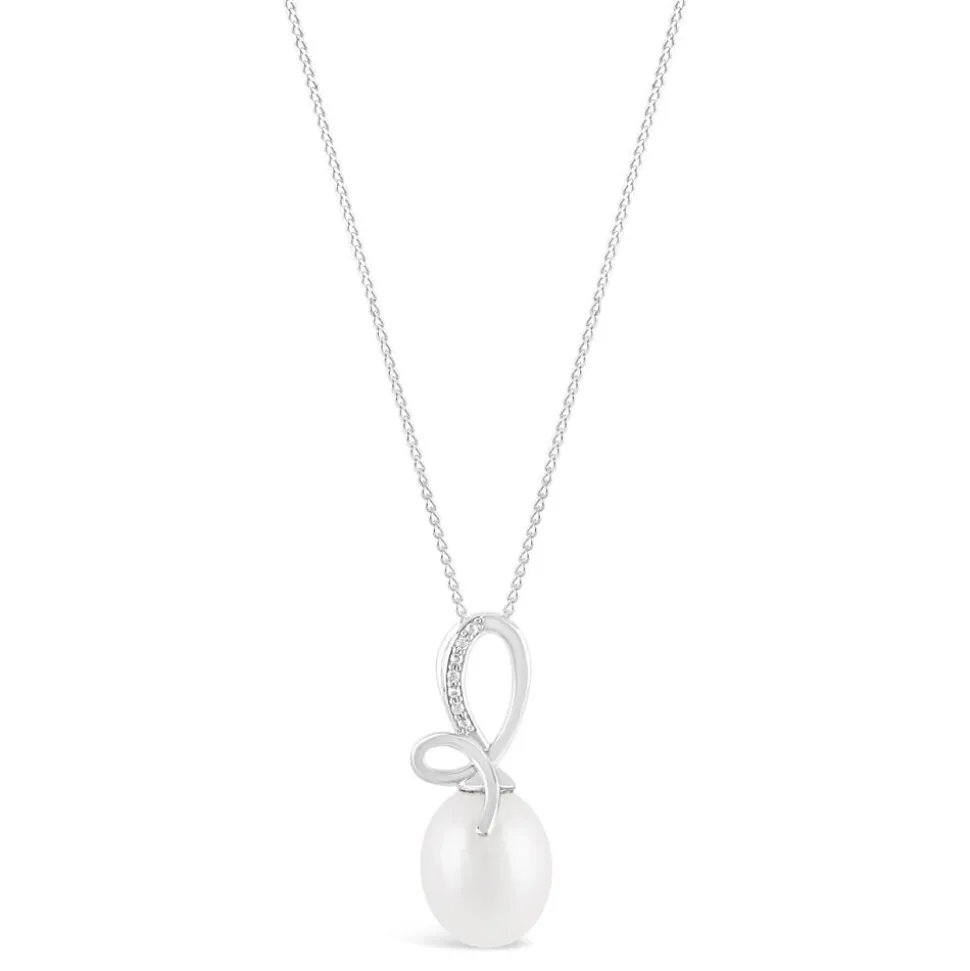 9ct White Gold Freshwater Pearl and 0.01ct Diamond Bow Top Pendant