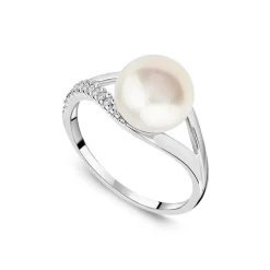 9ct White Gold Freshwater Pearl Cubic Zirconia Set Split Shoulders Ring