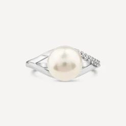 9ct White Gold Freshwater Pearl Cubic Zirconia Set Split Shoulders Ring