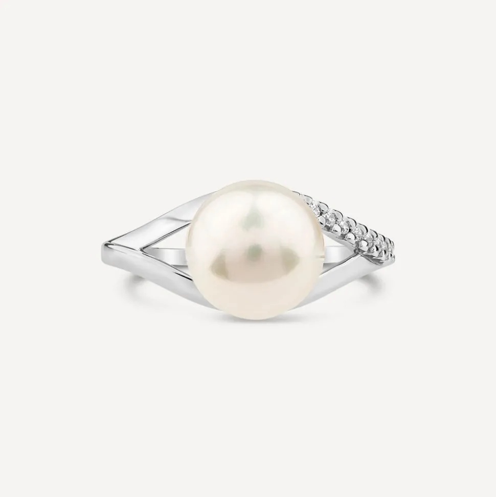 9ct White Gold Freshwater Pearl Cubic Zirconia Set Split Shoulders Ring